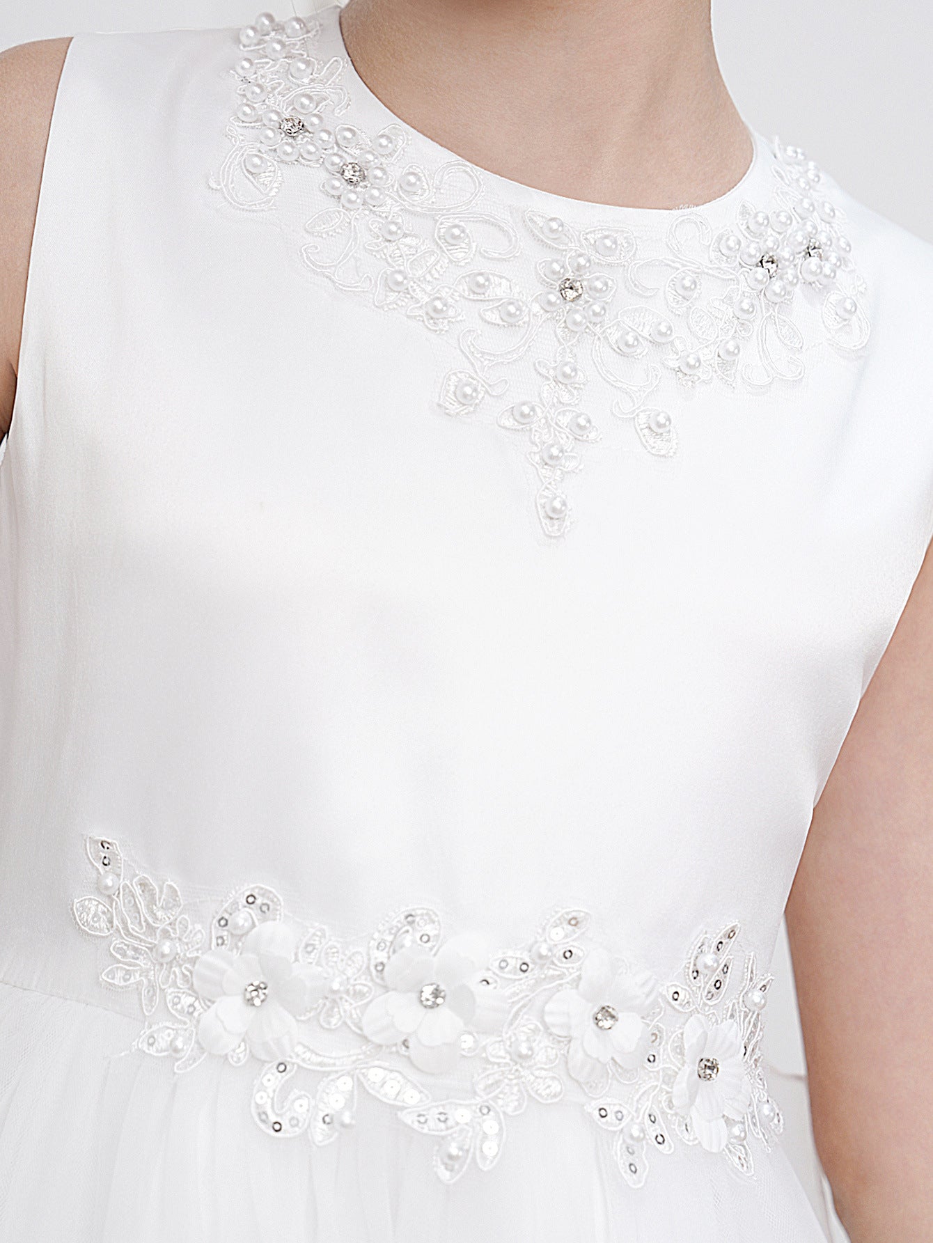 Girls' High-Low White A-Line Satin & Tulle Dress with Sequins and Lace