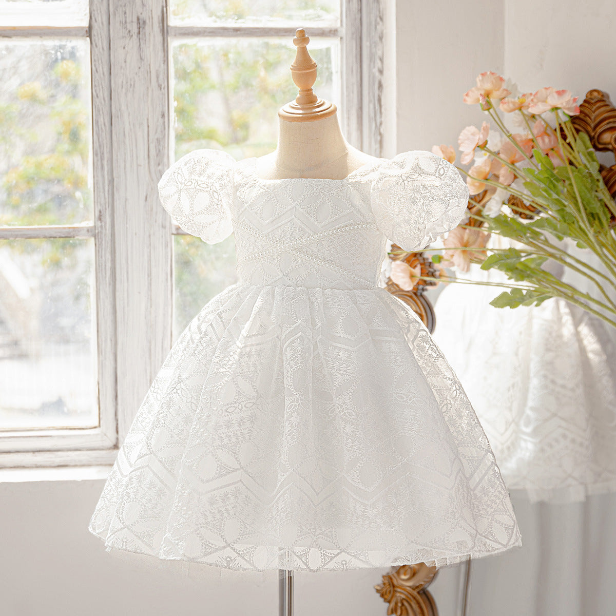 Frocklet White Puff Sleeve Princess Dress for Girls | Tea Length Flower Girl Frock 1