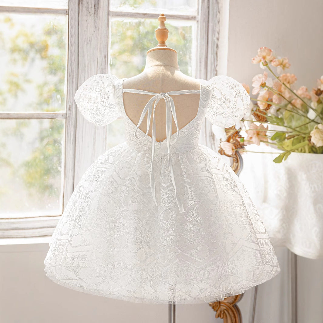 Frocklet White Puff Sleeve Princess Dress for Girls | Tea Length Flower Girl Frock 2