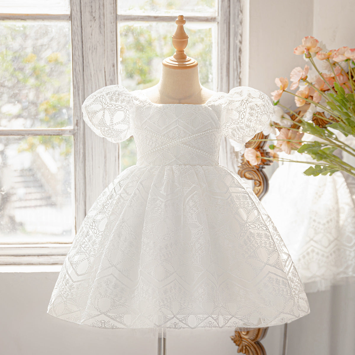 Frocklet White Puff Sleeve Princess Dress for Girls | Tea Length Flower Girl Frock 3