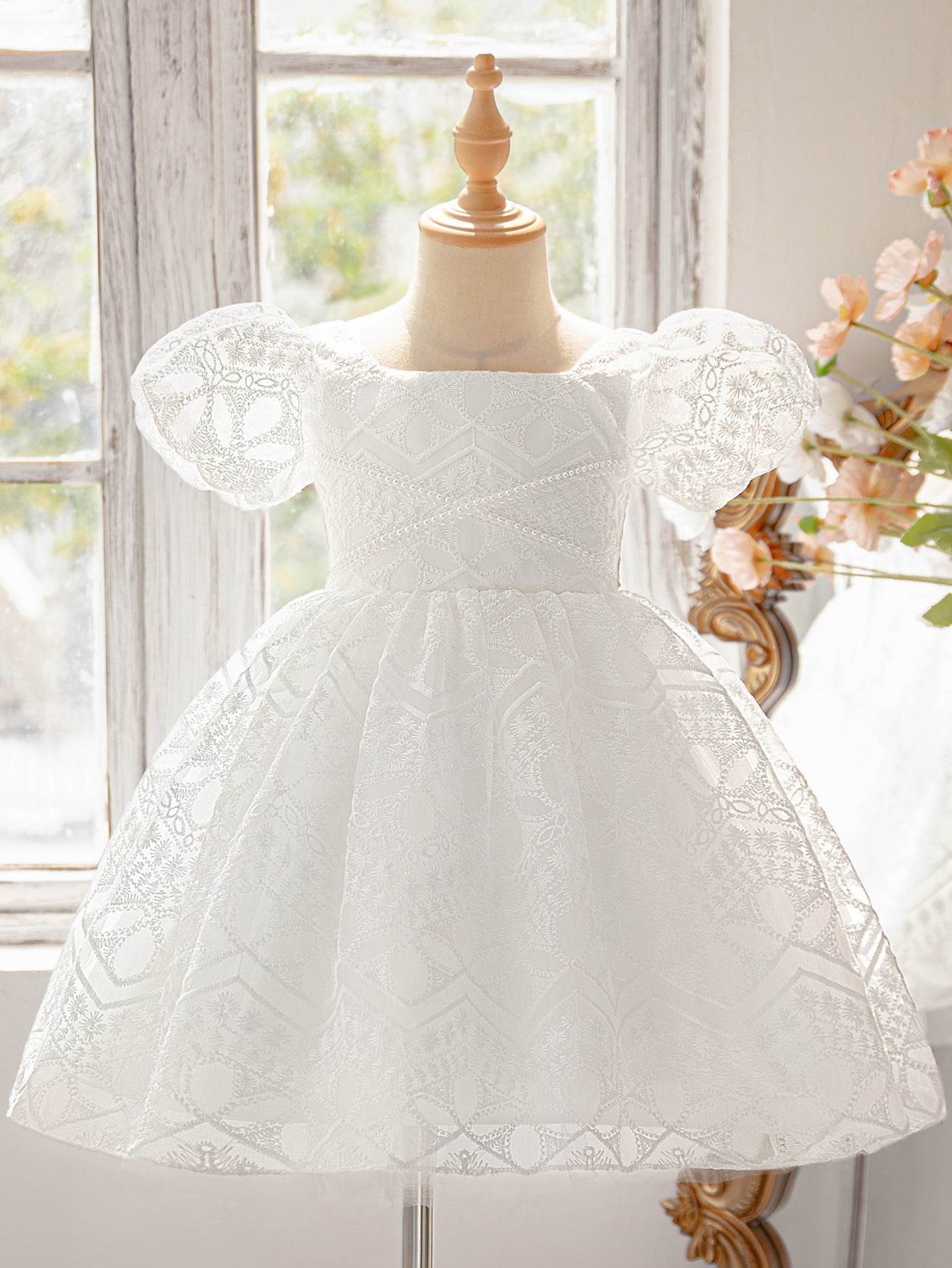Frocklet White Puff Sleeve Princess Dress for Girls | Tea Length Flower Girl Frock 5