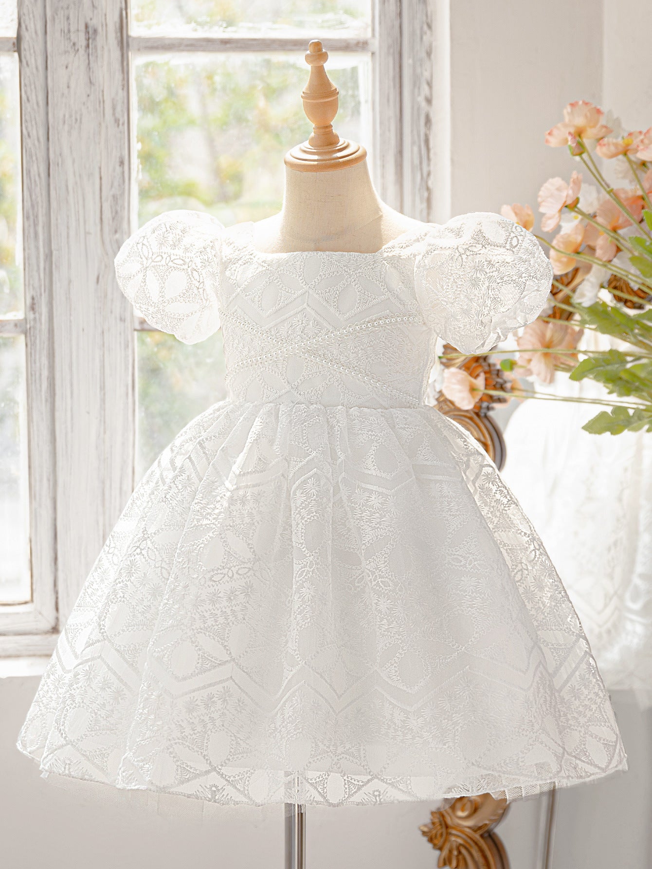 Frocklet White Puff Sleeve Princess Dress for Girls | Tea Length Flower Girl Frock 6