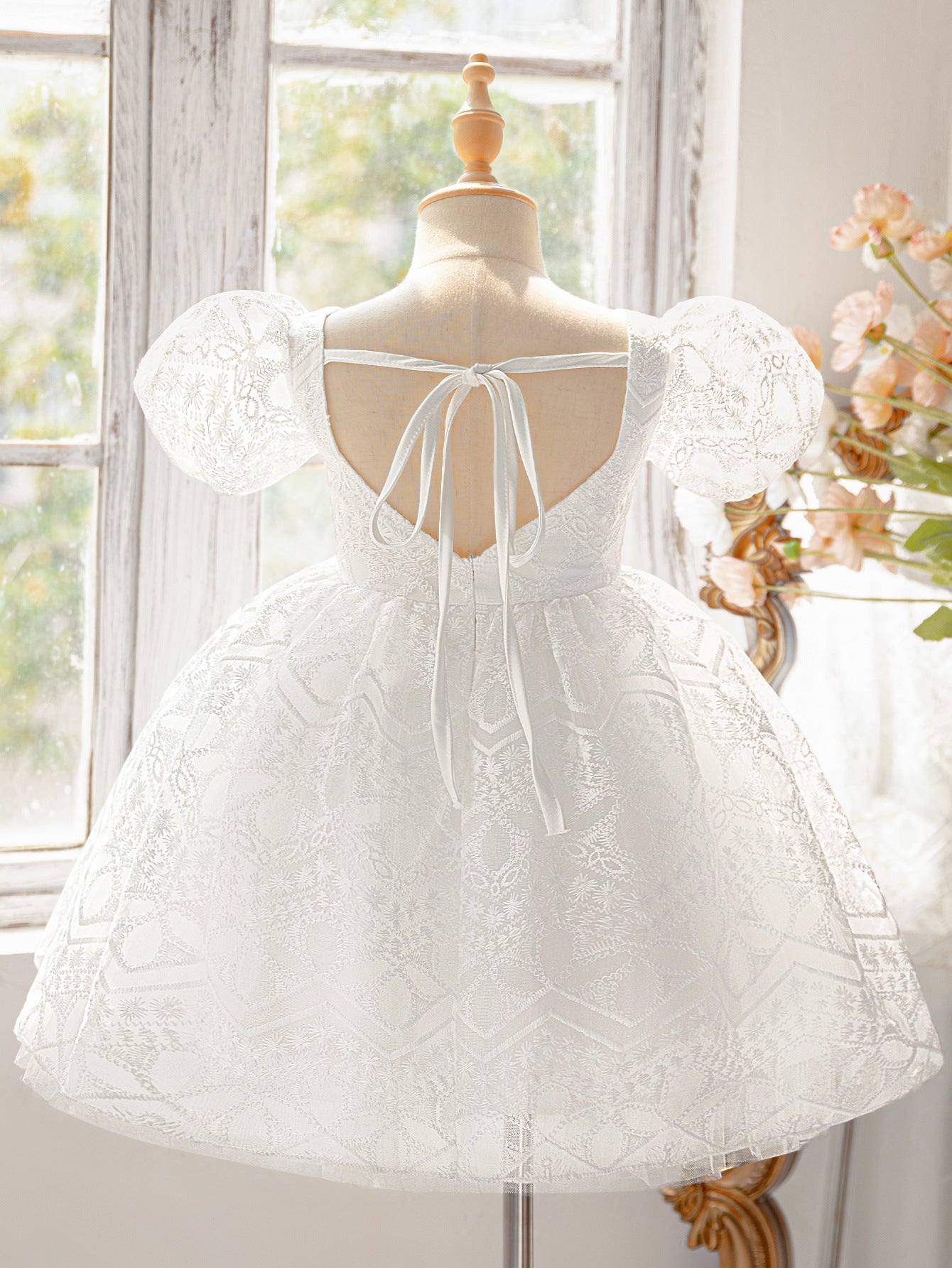 Frocklet White Puff Sleeve Princess Dress for Girls | Tea Length Flower Girl Frock 7
