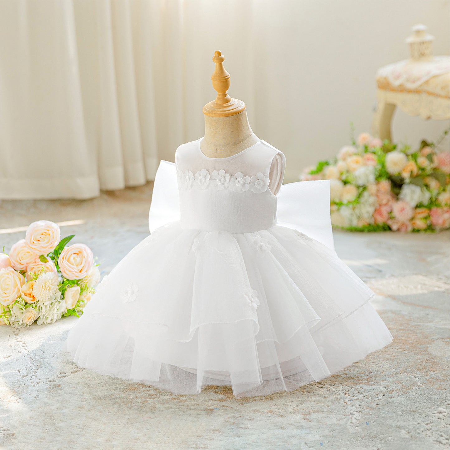 Girls' Tea Length White Tulle Dress with Bow | A-Line Sleeveless Princess Dress for Special Occasions