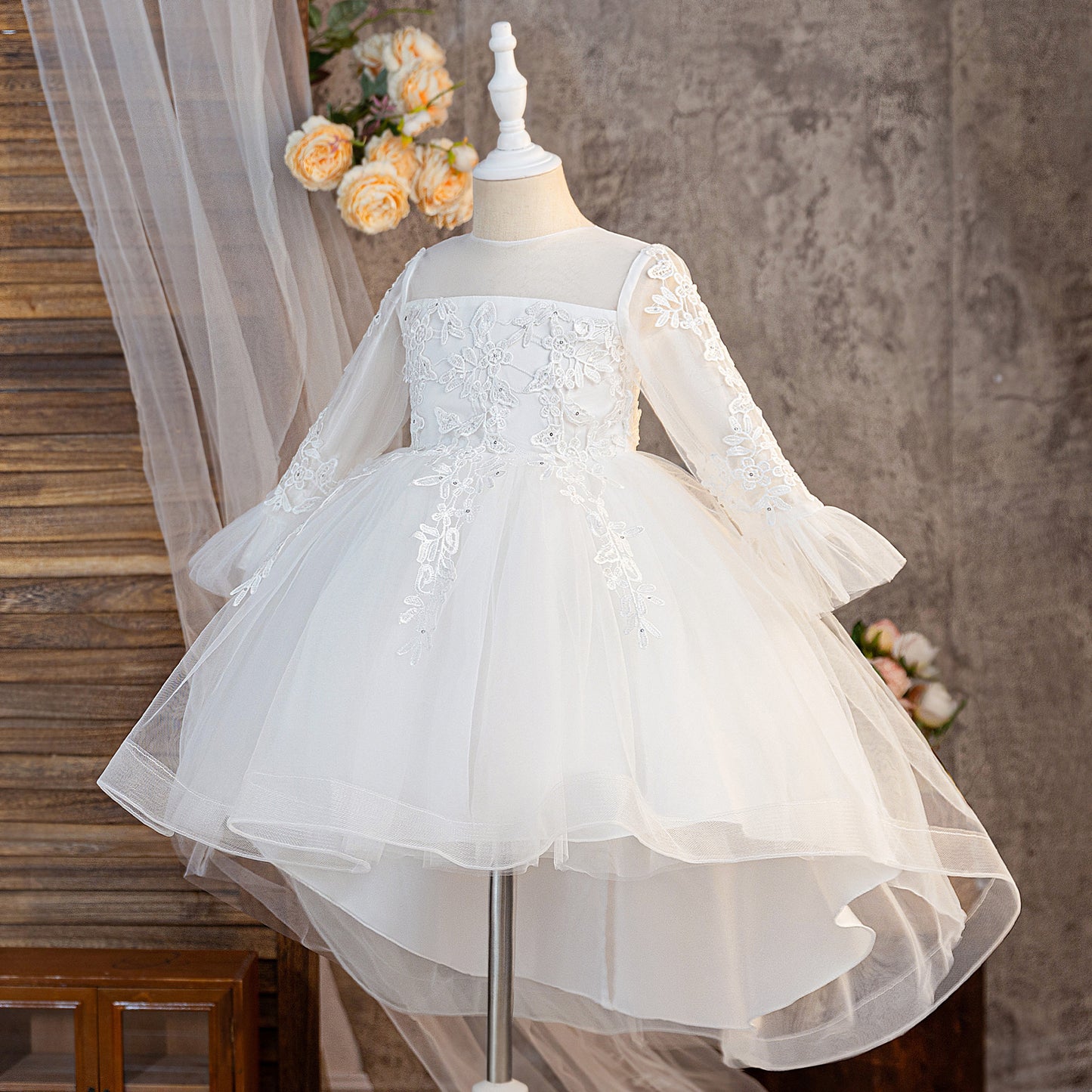 Girls' White Tulle High-Low Flower Girl Dress with Lace & Ruffles | Age 3-10