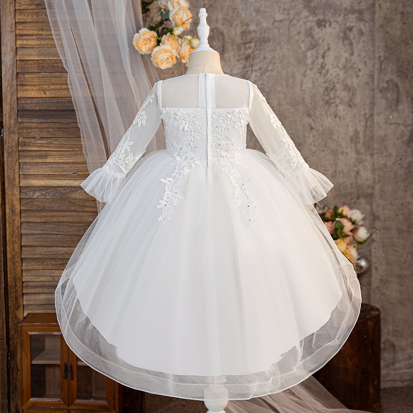 Girls' White Tulle High-Low Flower Girl Dress with Lace & Ruffles | Age 3-10