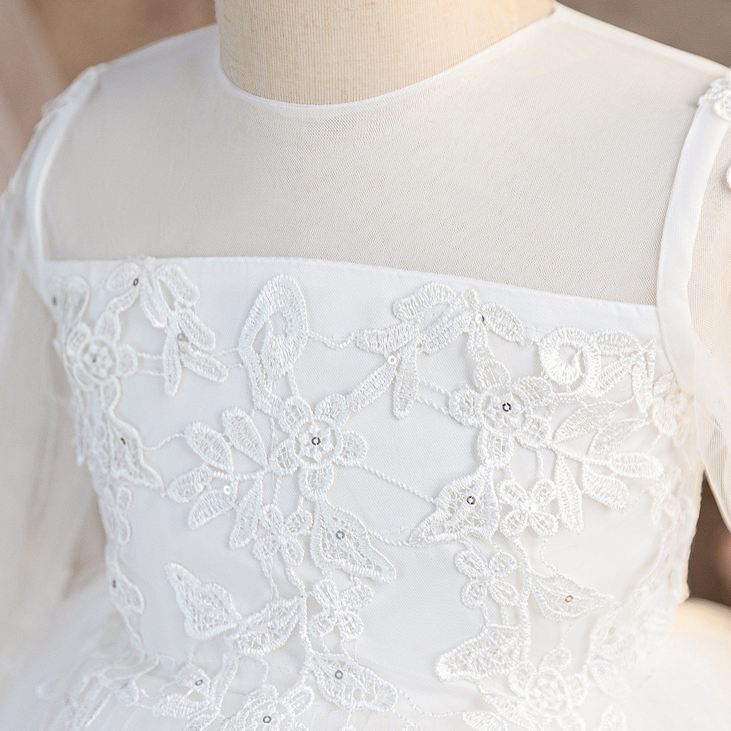 Girls' White Tulle High-Low Flower Girl Dress with Lace & Ruffles | Age 3-10