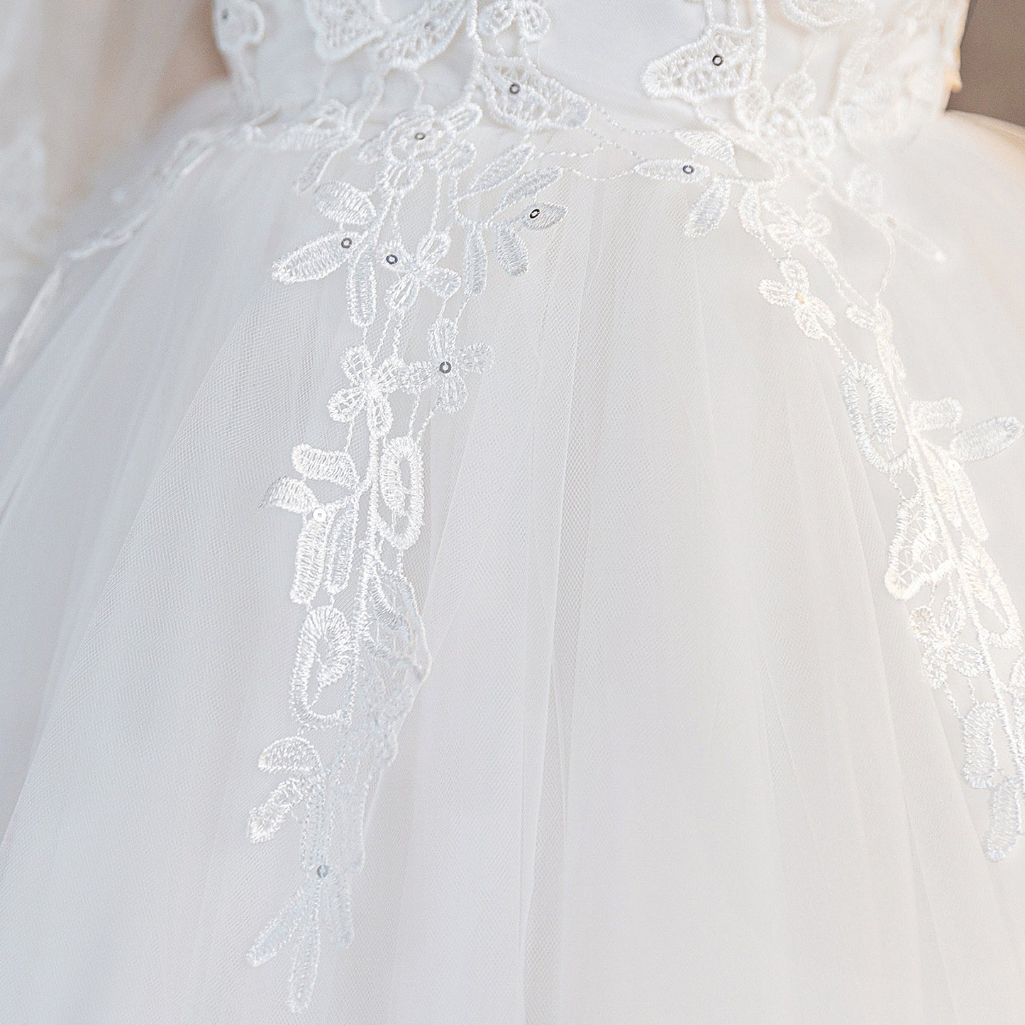 Girls' White Tulle High-Low Flower Girl Dress with Lace & Ruffles | Age 3-10