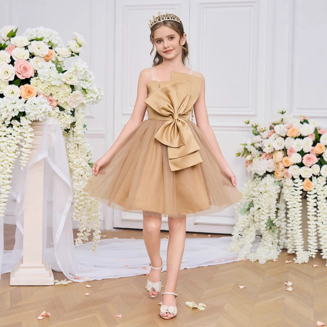 Gold Off Shoulder A-Line Princess Dress with Bow | Flower Girl & Party Wear