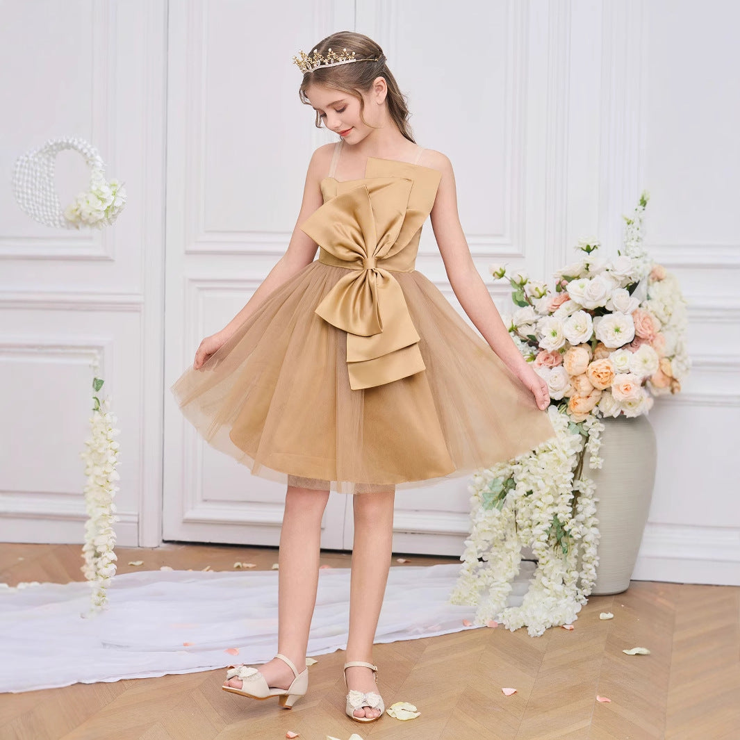 Gold Off Shoulder A-Line Princess Dress with Bow | Flower Girl & Party Wear
