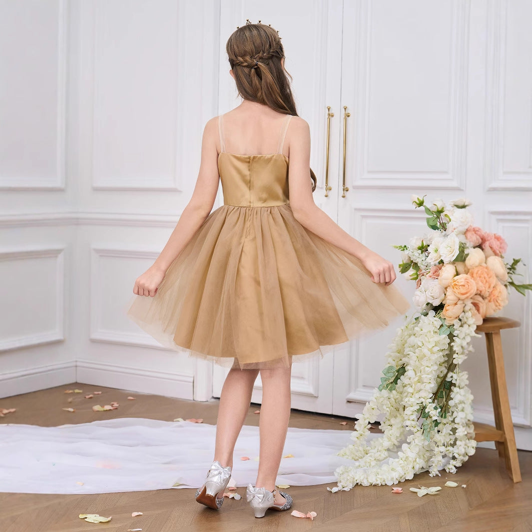 Gold Off Shoulder A-Line Princess Dress with Bow | Flower Girl & Party Wear