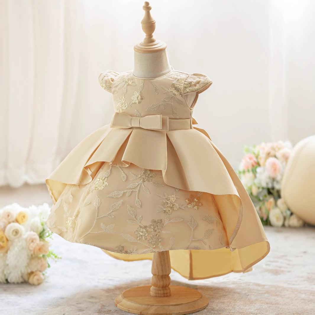 Gold Princess High-Low Ball Gown Dress for Girls – Satin, Sequins & Embroidery