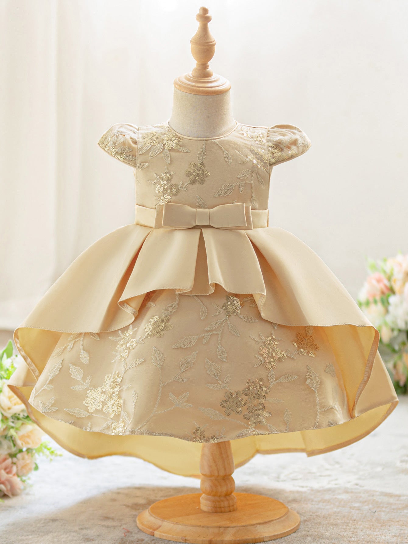 Gold Princess High-Low Ball Gown Dress for Girls – Satin, Sequins & Embroidery