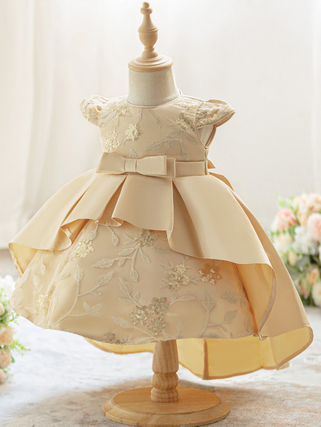 Gold Princess High-Low Ball Gown Dress for Girls – Satin, Sequins & Embroidery