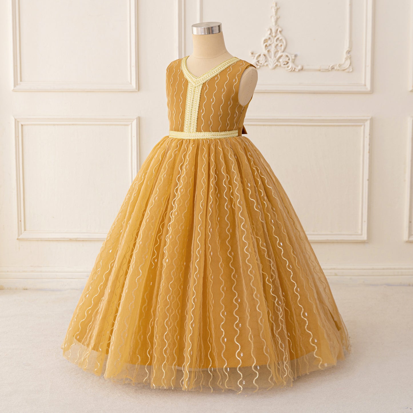Gold Tulle A-Line Maxi Dress for Girls | Bowknot Princess Gown