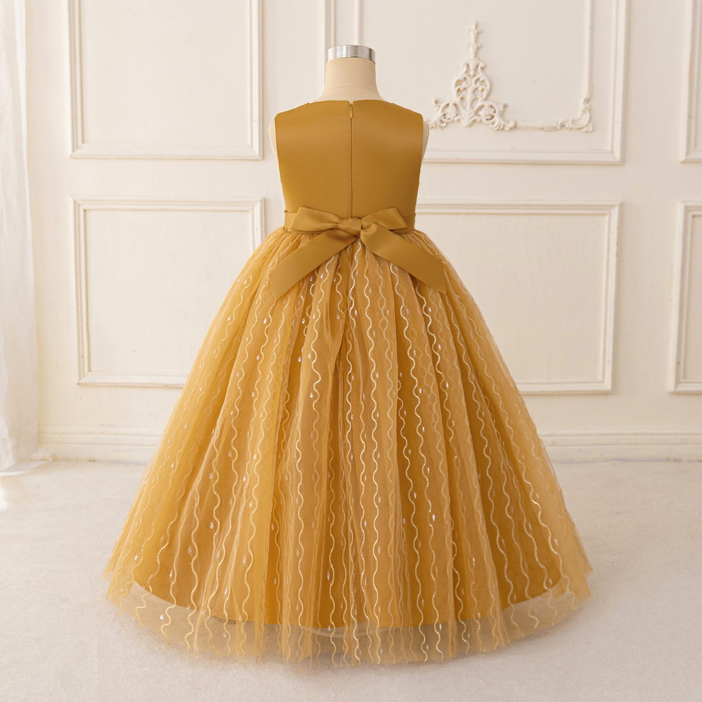 Gold Tulle A-Line Maxi Dress for Girls | Bowknot Princess Gown