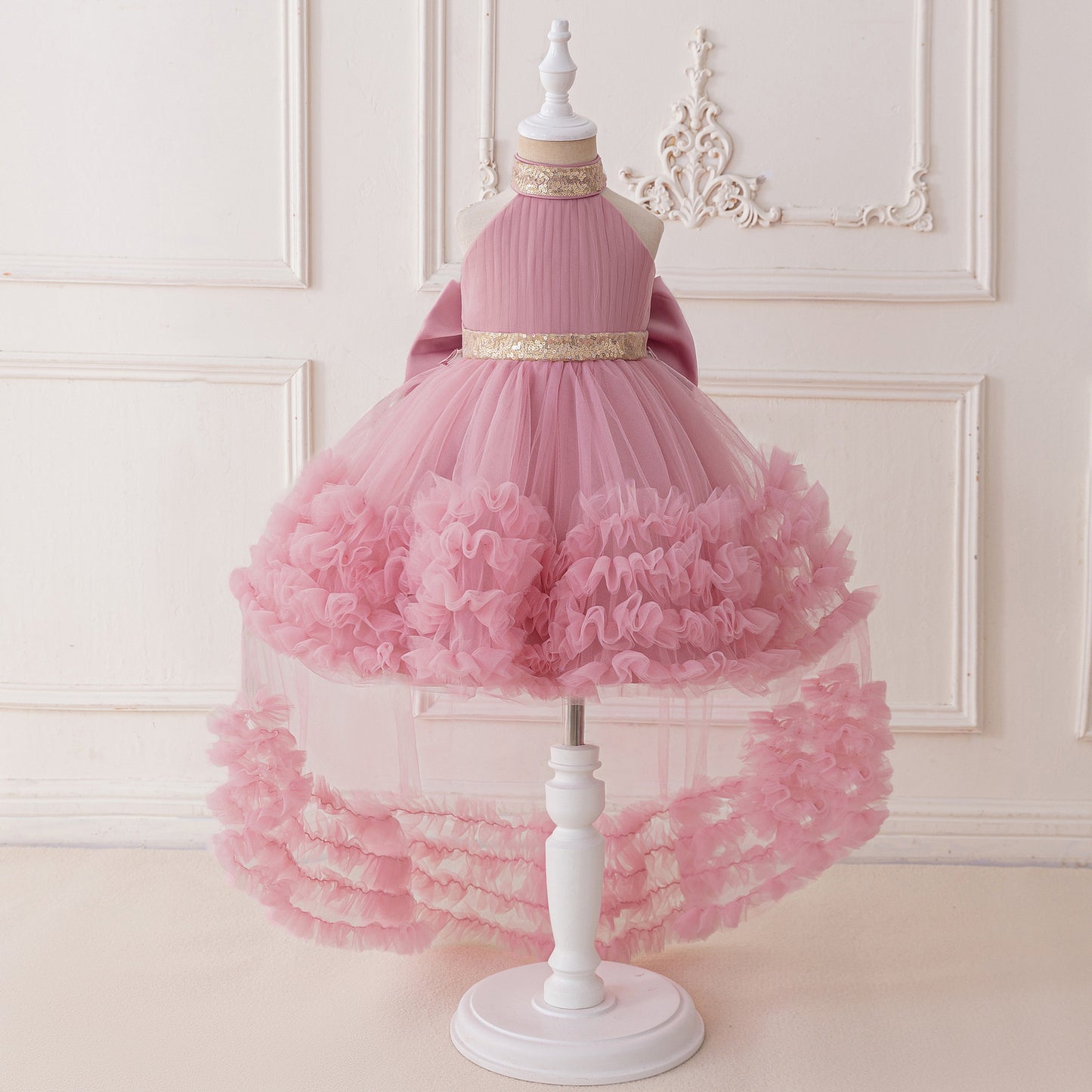 Cute Halter Neck Puffy Tulle High-Low Princess Dress for Kids