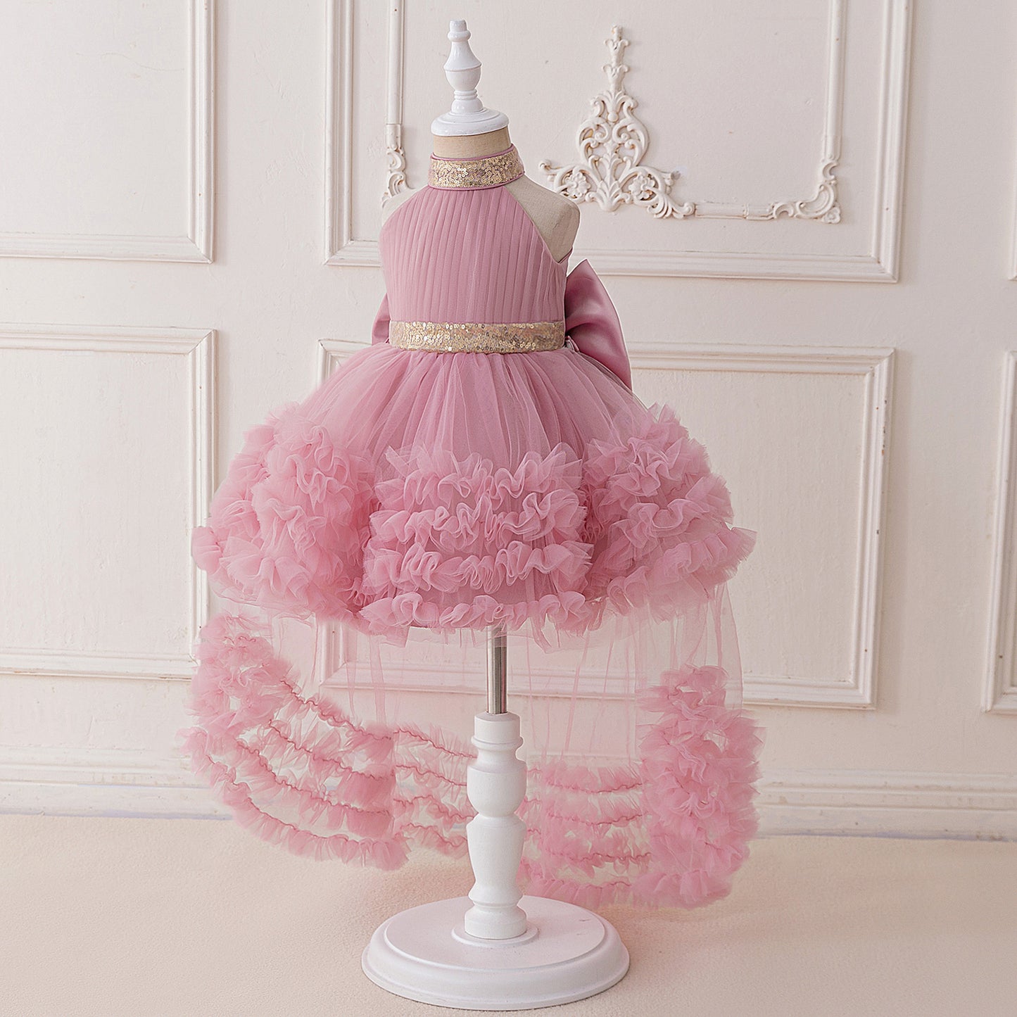 Cute Halter Neck Puffy Tulle High-Low Princess Dress for Kids