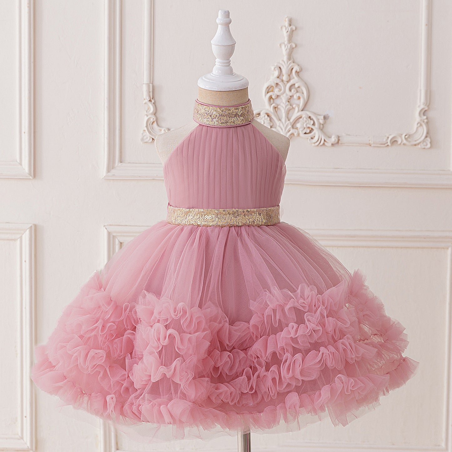 Cute Halter Neck Puffy Tulle High-Low Princess Dress for Kids