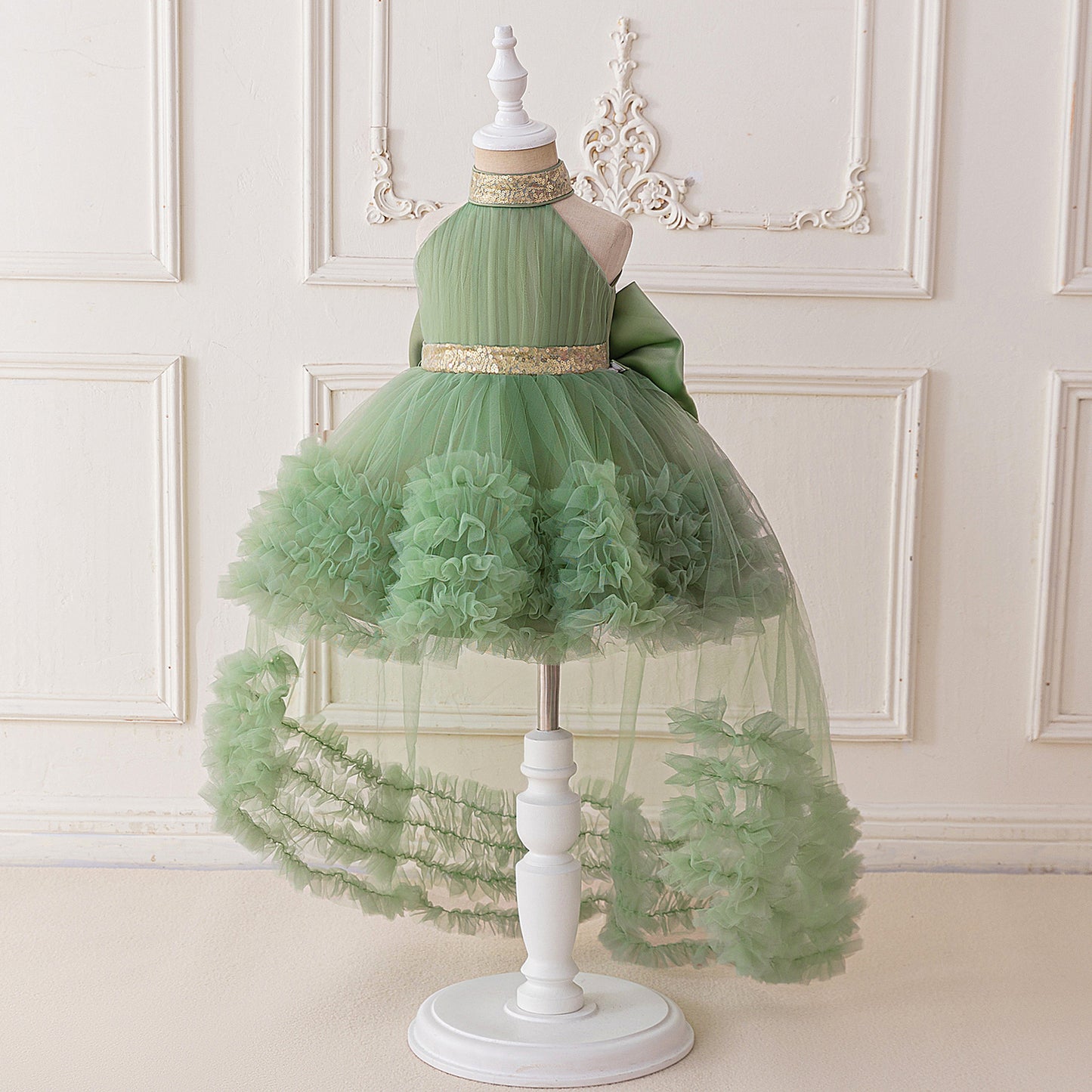 Cute Halter Neck Puffy Tulle High-Low Princess Dress for Kids