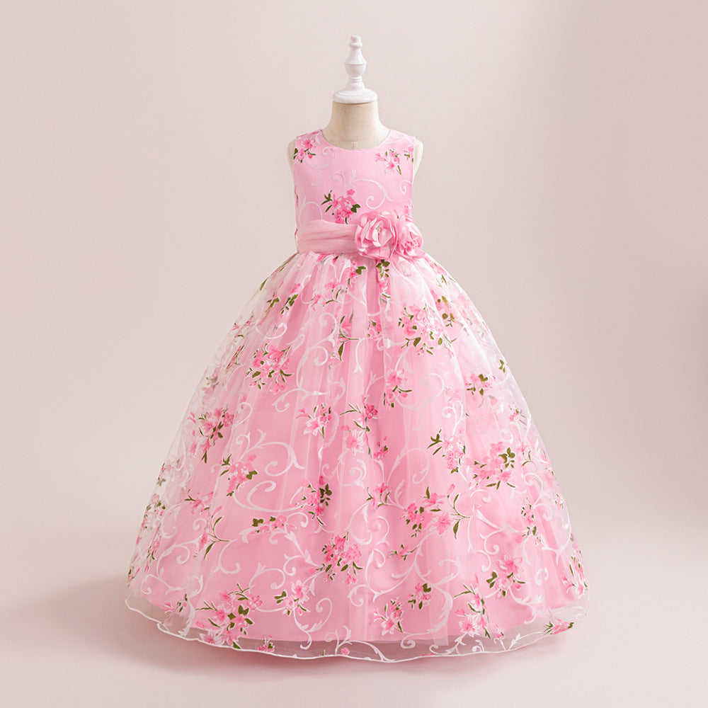 Hot Pink Floral A-Line Maxi Tulle Dress for Girls | Princess Party & Formal Wear