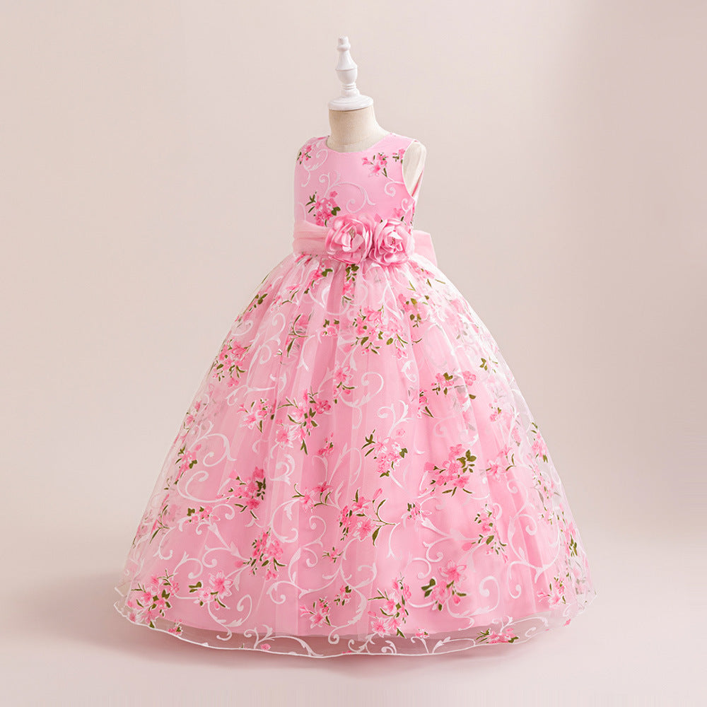 Hot Pink Floral A-Line Maxi Tulle Dress for Girls | Princess Party & Formal Wear