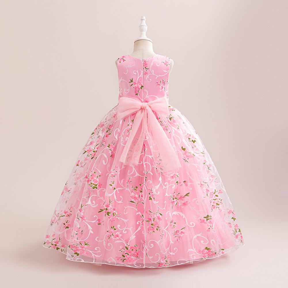 Hot Pink Floral A-Line Maxi Tulle Dress for Girls | Princess Party & Formal Wear