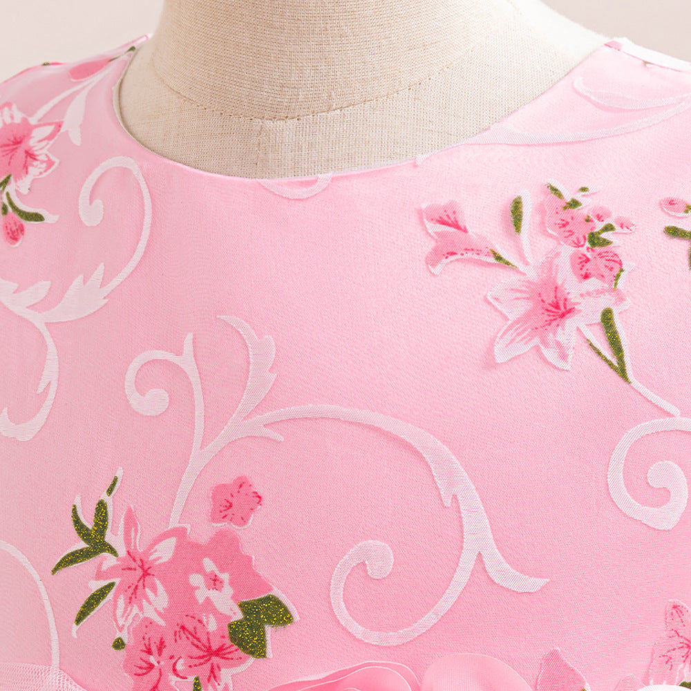 Hot Pink Floral A-Line Maxi Tulle Dress for Girls | Princess Party & Formal Wear