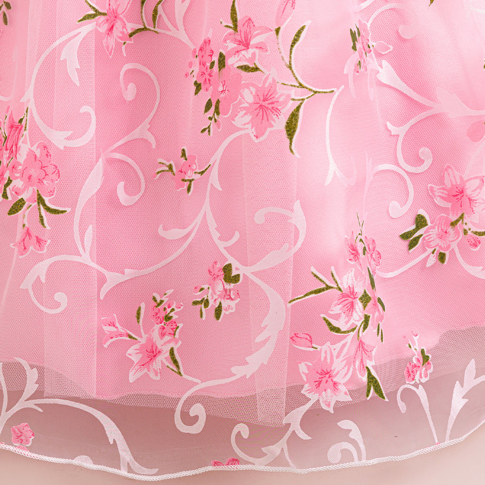 Hot Pink Floral A-Line Maxi Tulle Dress for Girls | Princess Party & Formal Wear