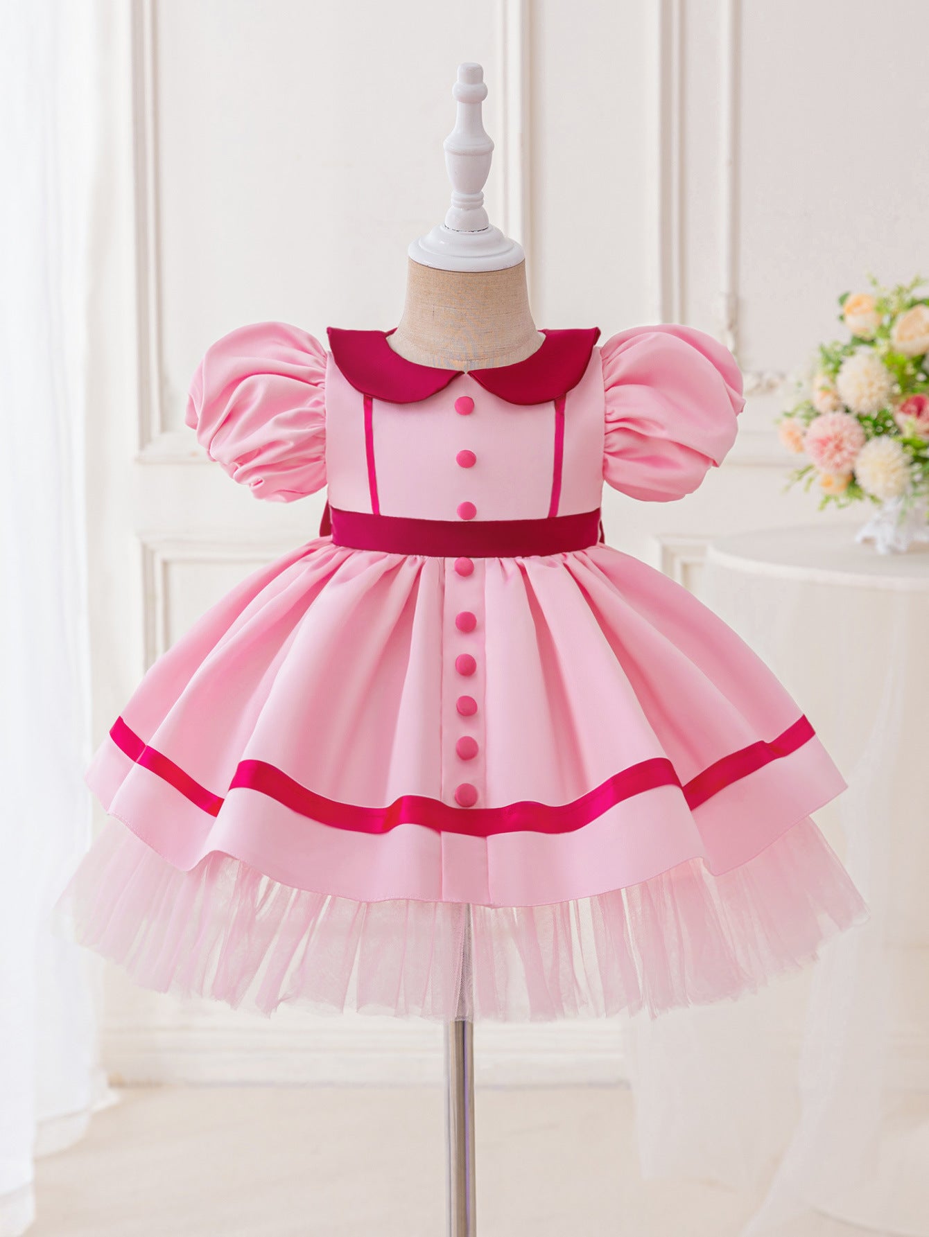 Hot Pink Puffy Sleeve Princess Dress with Collar | Girls’ Tea Length Ball Gown