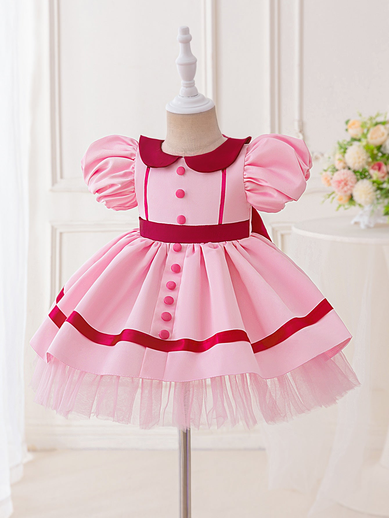 Hot Pink Puffy Sleeve Princess Dress with Collar | Girls’ Tea Length Ball Gown