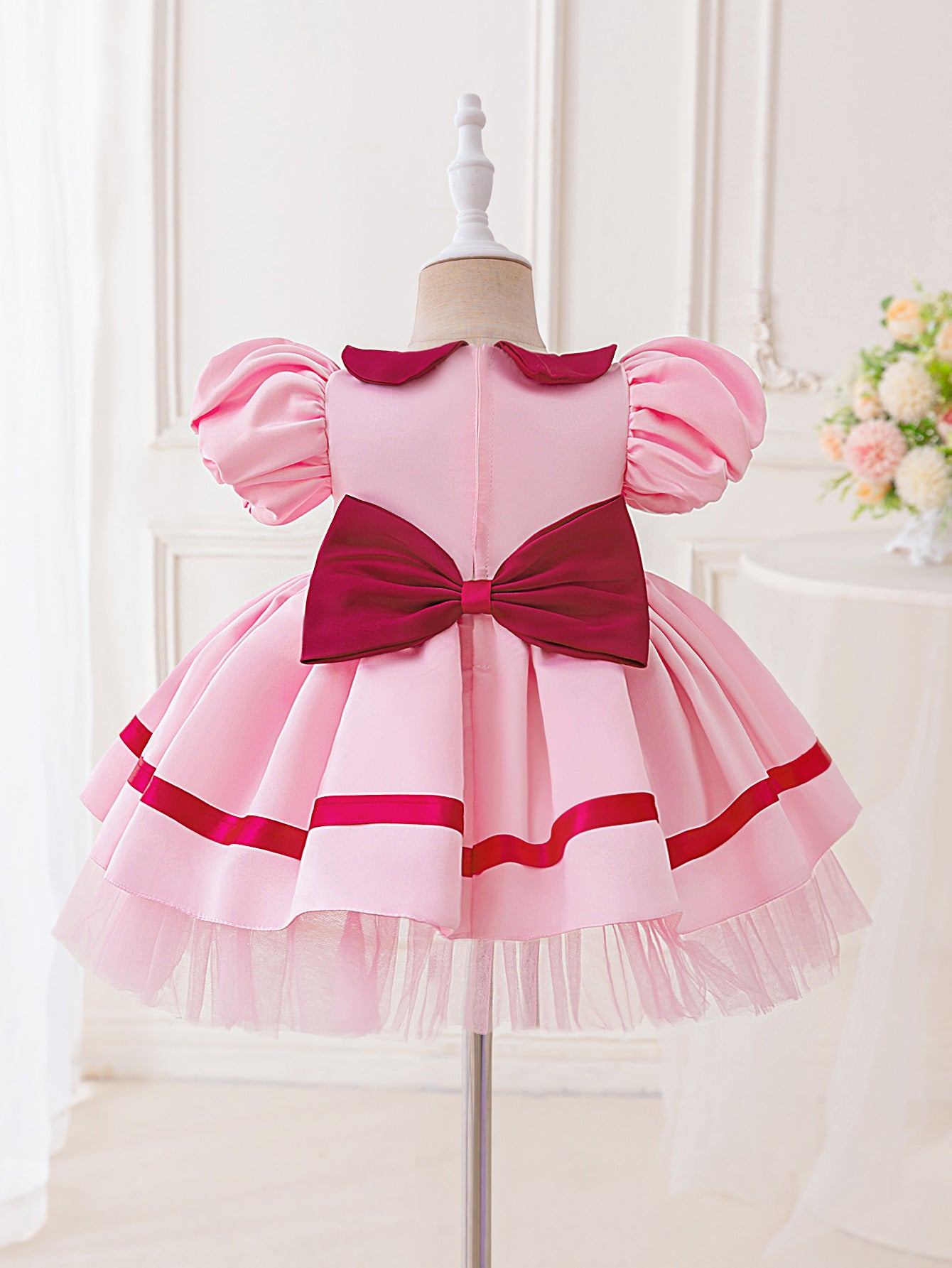 Hot Pink Puffy Sleeve Princess Dress with Collar | Girls’ Tea Length Ball Gown