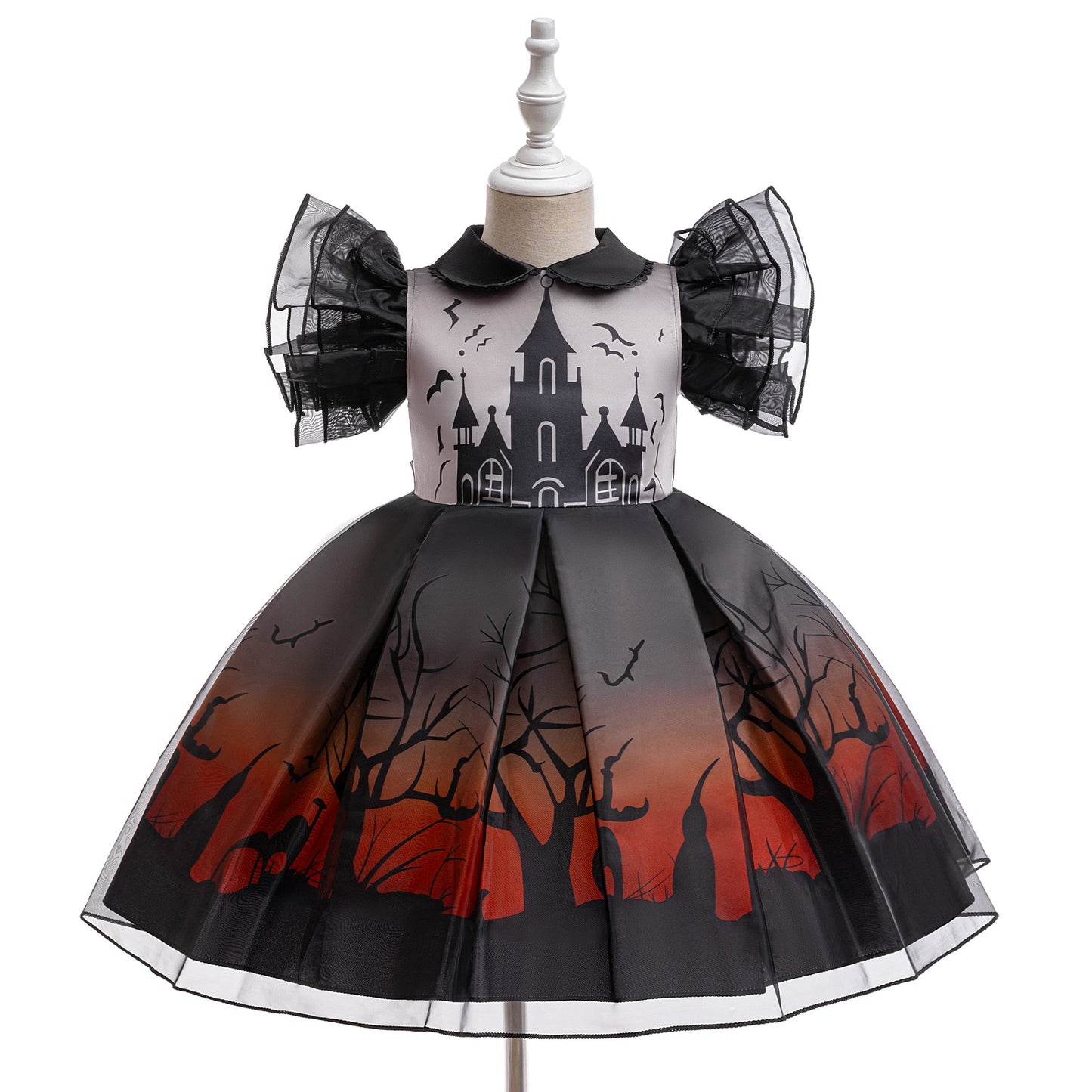 Kids Black Puffy Bat Print Witch Dress for Halloween Cosplay | Ages 3-10