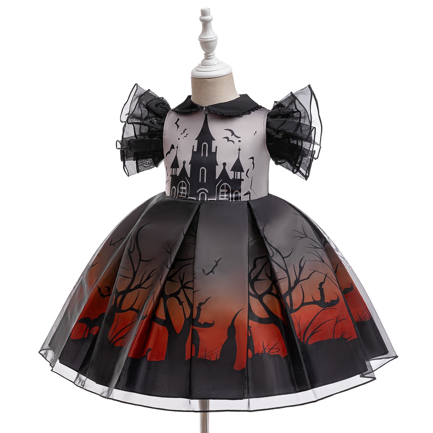 Kids Black Puffy Bat Print Witch Dress for Halloween Cosplay | Ages 3-10