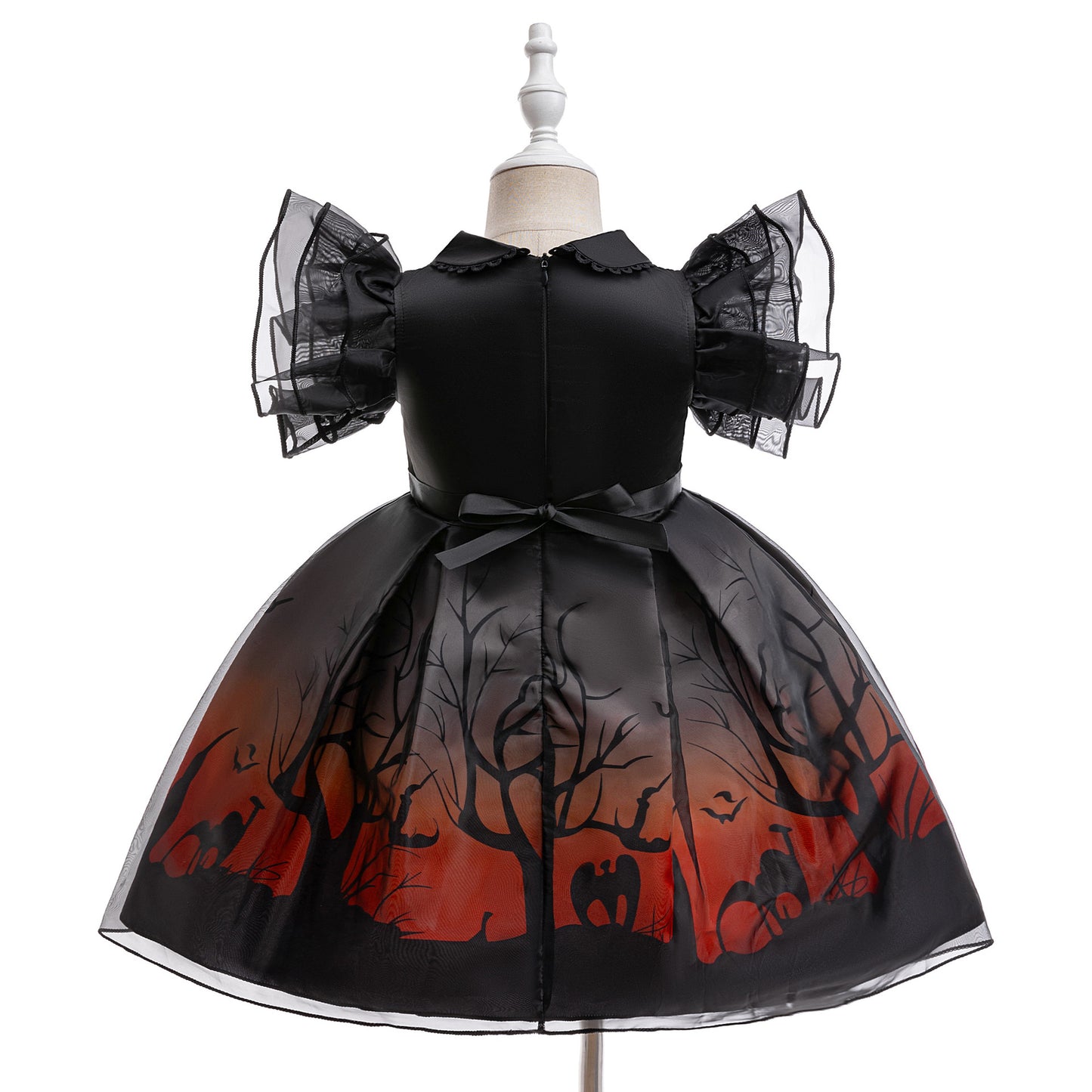 Kids Black Puffy Bat Print Witch Dress for Halloween Cosplay | Ages 3-10