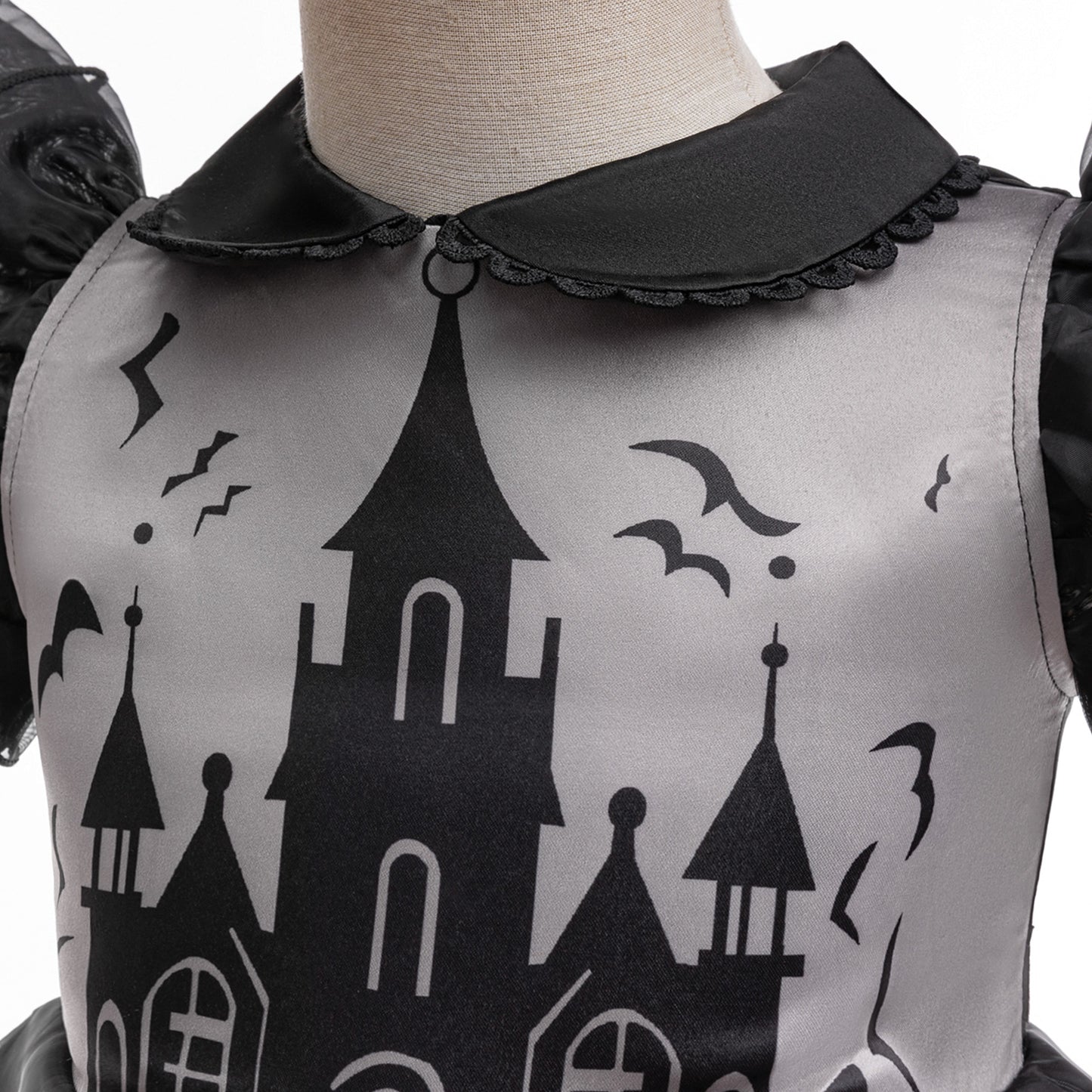 Kids Black Puffy Bat Print Witch Dress for Halloween Cosplay | Ages 3-10