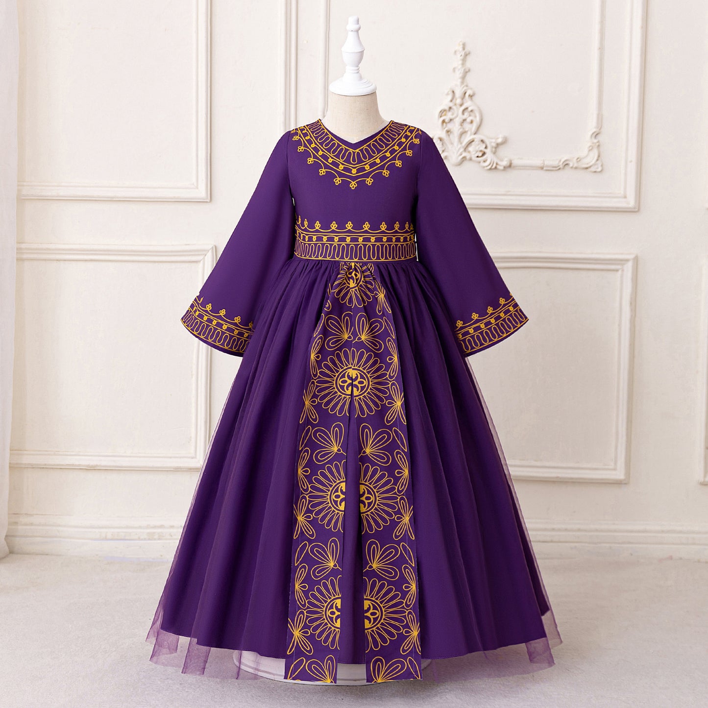Girls' Purple Floral Maxi Dress with Bow – A-Line Formal Party Gown for Kids