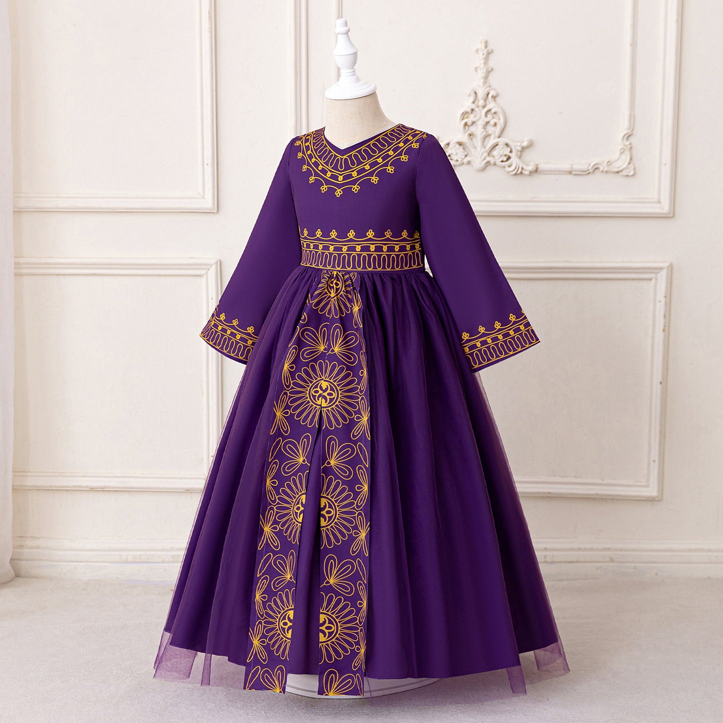 Girls' Purple Floral Maxi Dress with Bow – A-Line Formal Party Gown for Kids