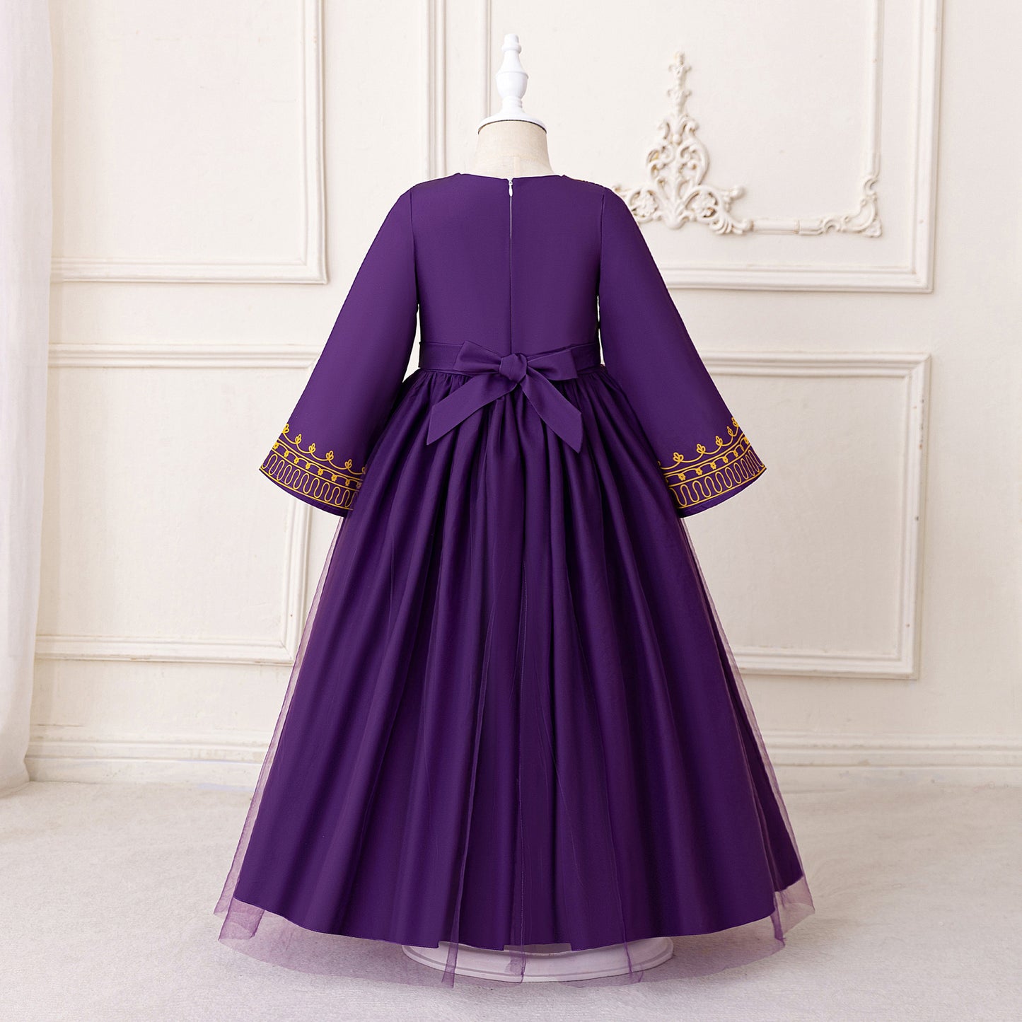 Girls' Purple Floral Maxi Dress with Bow – A-Line Formal Party Gown for Kids
