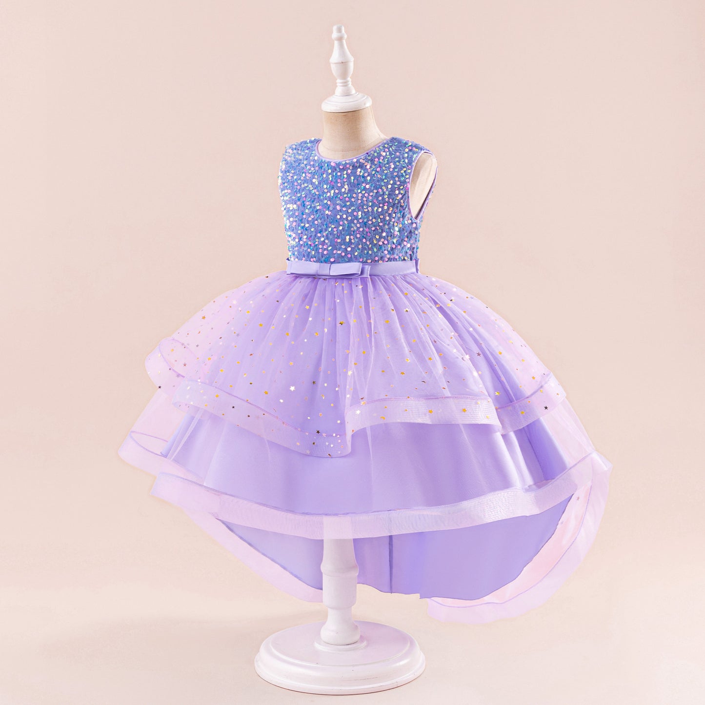 Puffy Sequin High-Low Ball Gown Dress for Girls - Kids Princess Party Dress