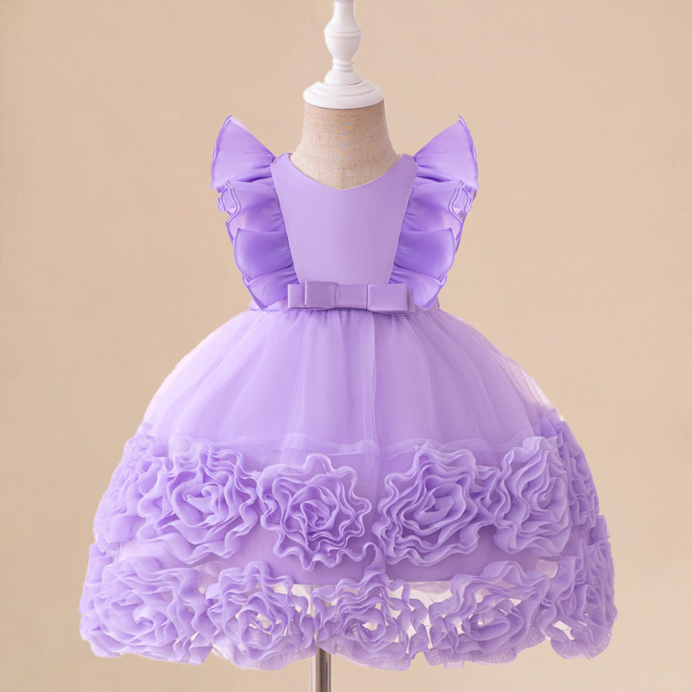 Lavender A-Line Princess Dress with Puff Sleeves for Kids – Tea Length Flower Girl Gown