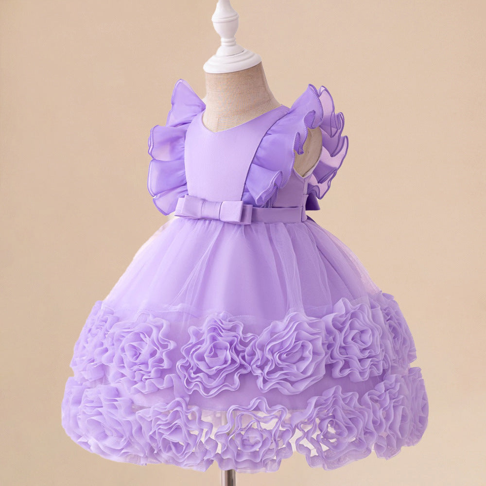 Lavender A-Line Princess Dress with Puff Sleeves for Kids – Tea Length Flower Girl Gown