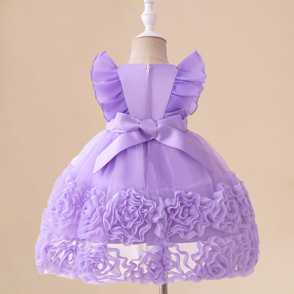 Lavender A-Line Princess Dress with Puff Sleeves for Kids – Tea Length Flower Girl Gown