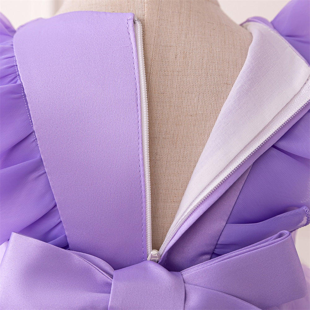 Lavender A-Line Princess Dress with Puff Sleeves for Kids – Tea Length Flower Girl Gown
