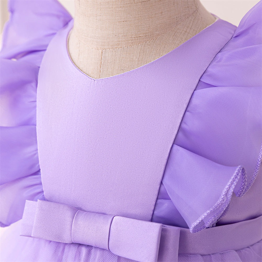Lavender A-Line Princess Dress with Puff Sleeves for Kids – Tea Length Flower Girl Gown