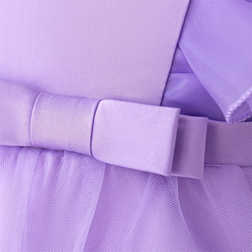 Lavender A-Line Princess Dress with Puff Sleeves for Kids – Tea Length Flower Girl Gown