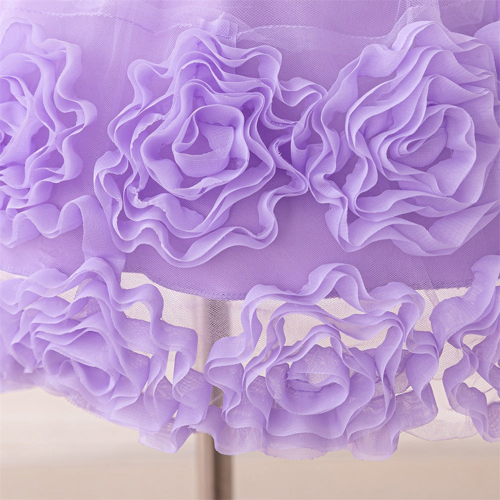 Lavender A-Line Princess Dress with Puff Sleeves for Kids – Tea Length Flower Girl Gown