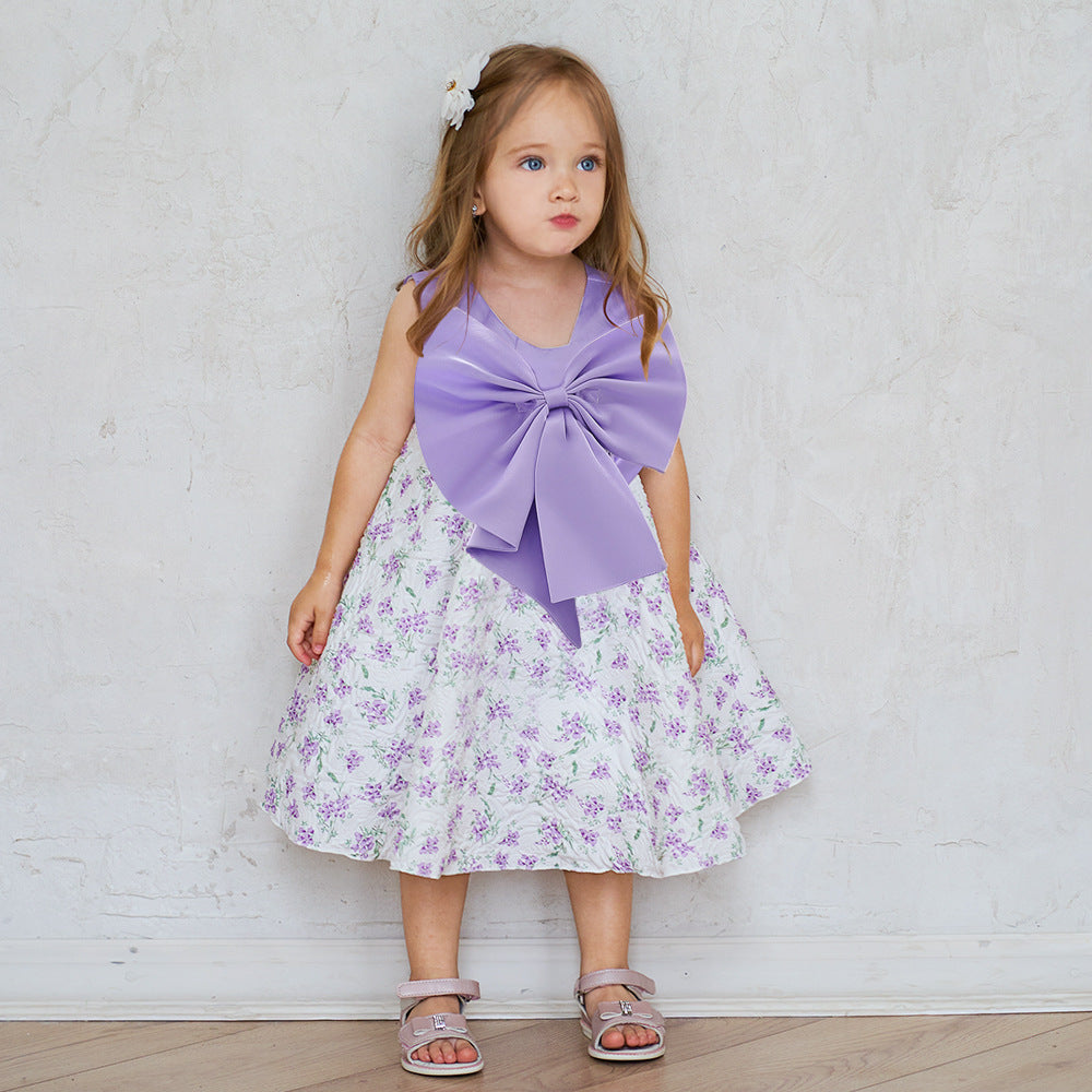 Lavender A-line Baby Dress with Bowknot and Floral Print, Tea Length Party Dress for 9-24 Months
