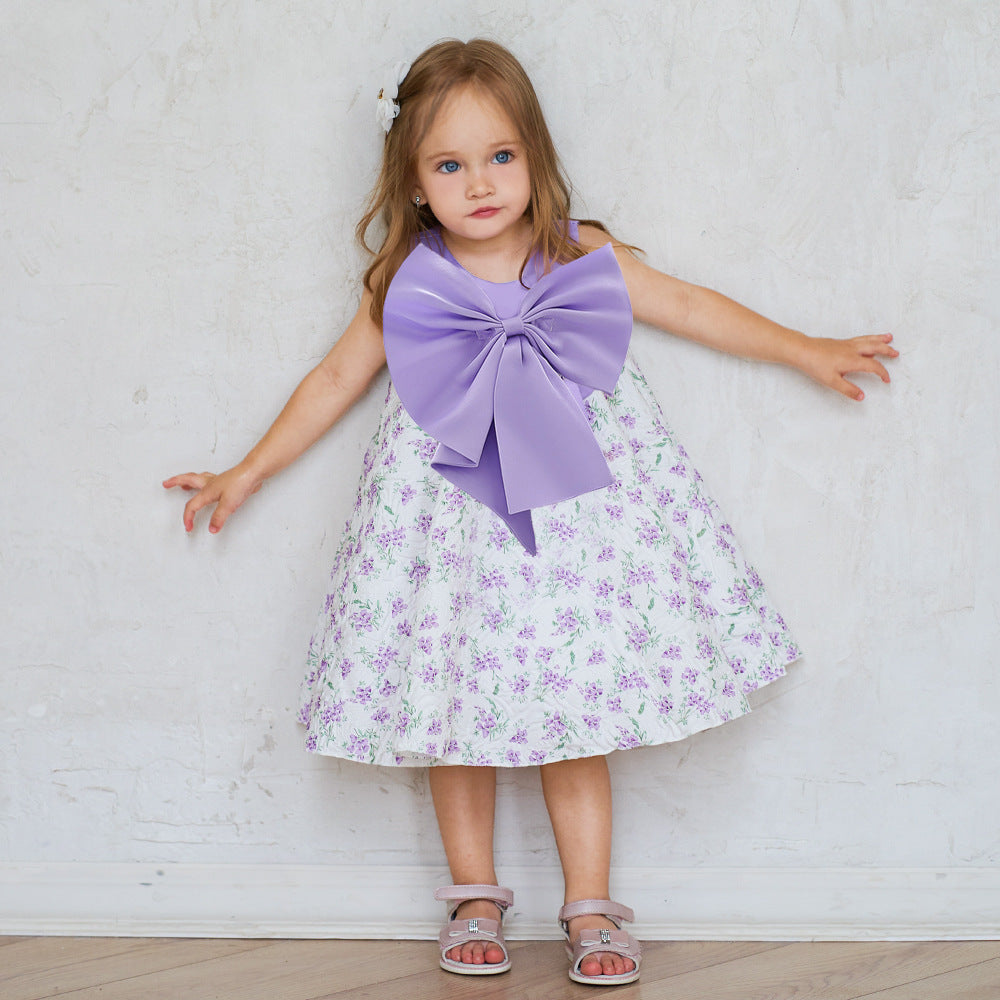 Lavender A-line Baby Dress with Bowknot and Floral Print, Tea Length Party Dress for 9-24 Months