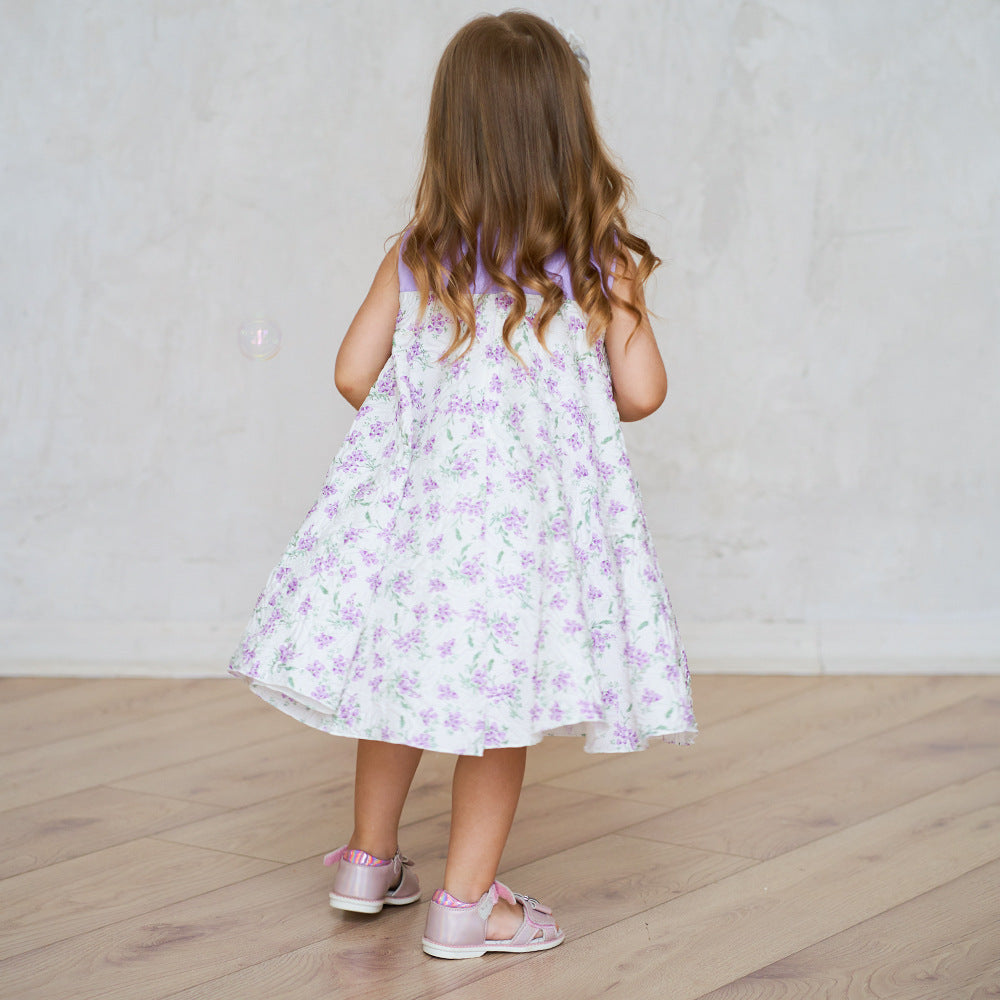 Lavender A-line Baby Dress with Bowknot and Floral Print, Tea Length Party Dress for 9-24 Months